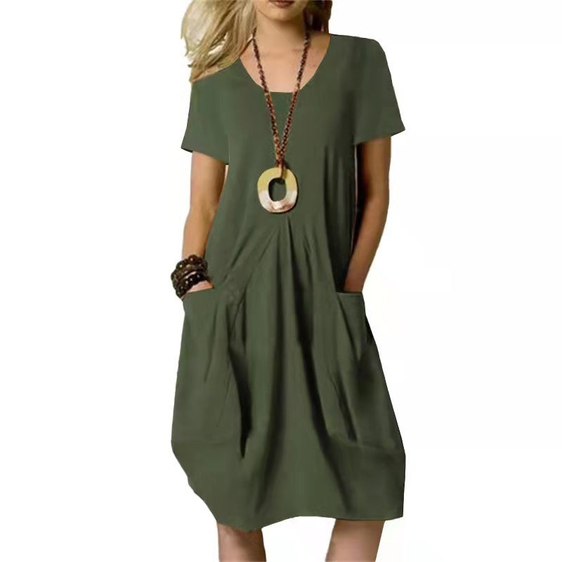 Women's Cotton Linen Loose Midi Dress Round Neck Short Sleeve Casual