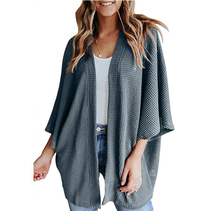 Women's Waffle Knit Bat Sleeve V-Neck Cardigan