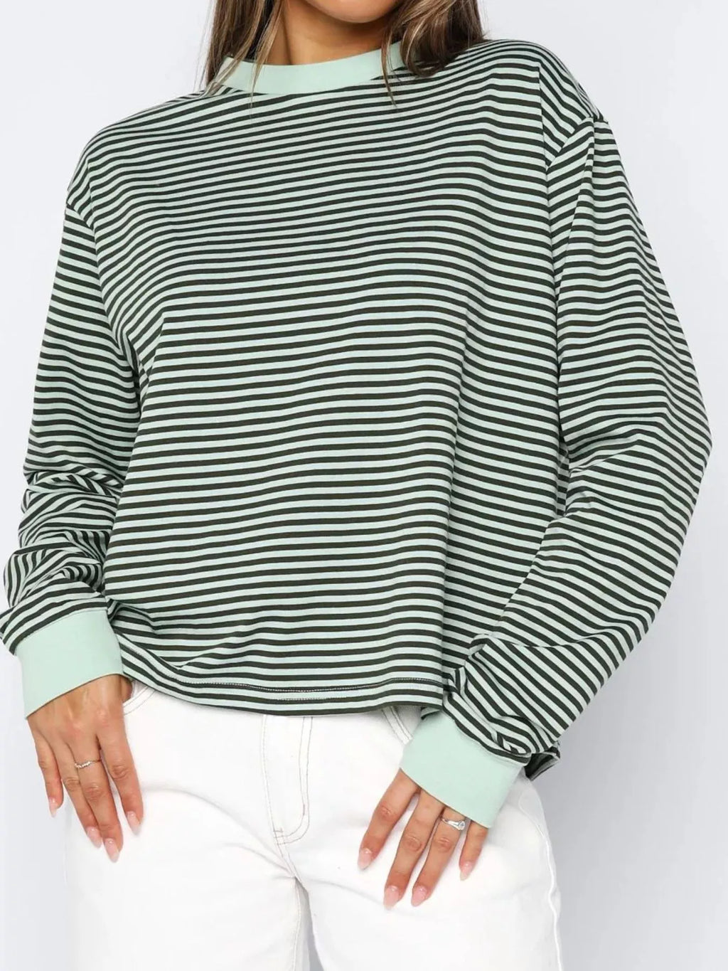Sarah Express Women's Striped Oversized Round Neck Sweatshirt Matcha Green