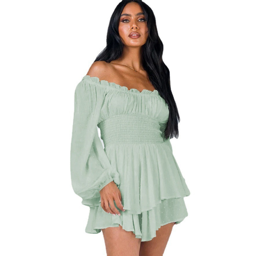 Off-Shoulder Pleated Ruffled Romper Long Sleeve Wide Leg Jumpsuit