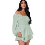 Off-Shoulder Pleated Ruffled Romper Long Sleeve Wide Leg Jumpsuit