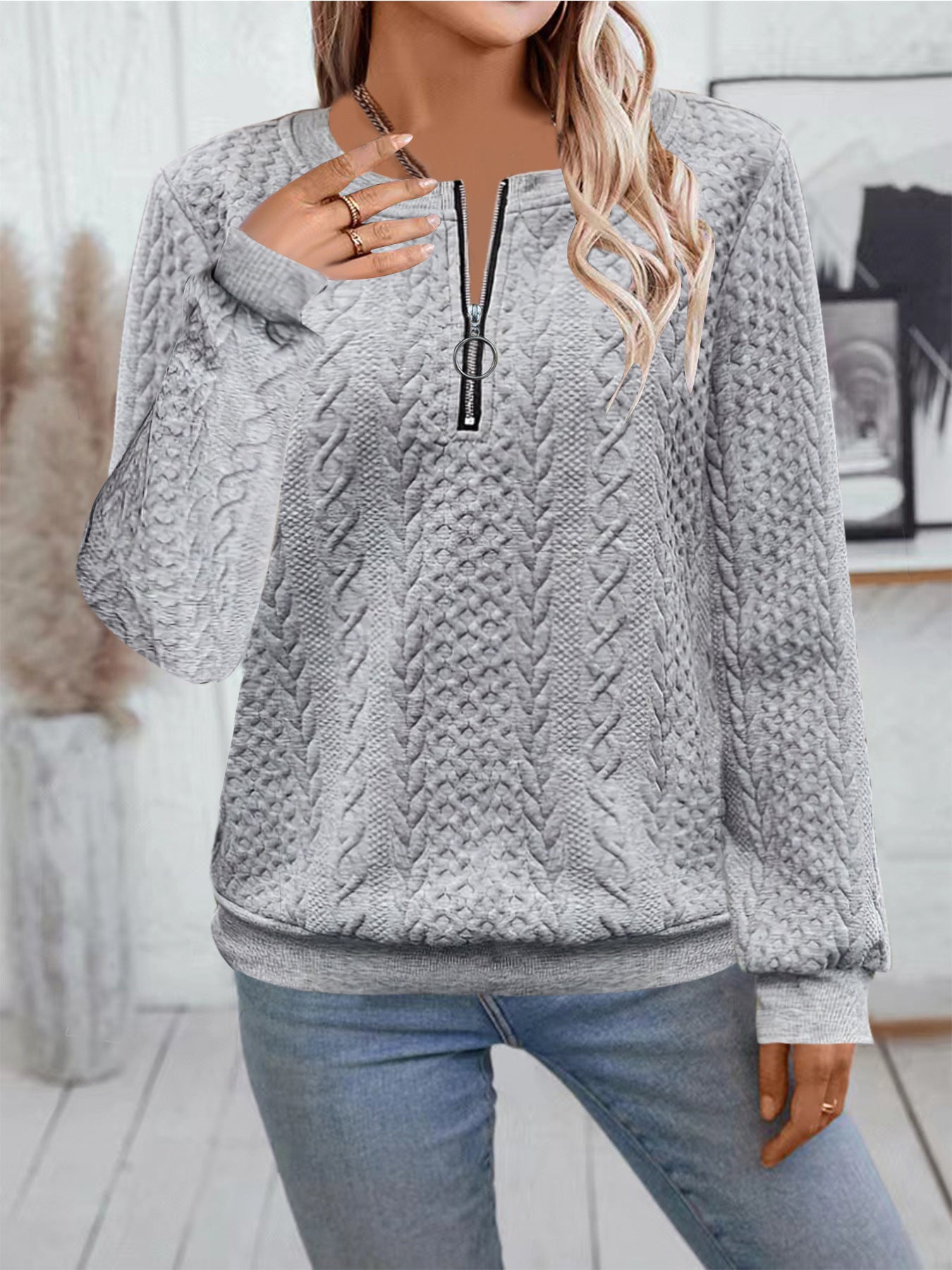 Women's Zipper Detail Long Sleeve Sweater Casual Loose Fit Pullover Top