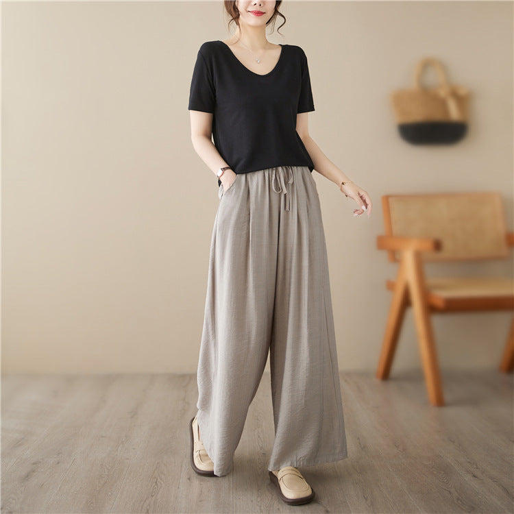 Women's Plus Size Wide Leg Pants Elastic Waist Straight Cotton Casual Trousers
