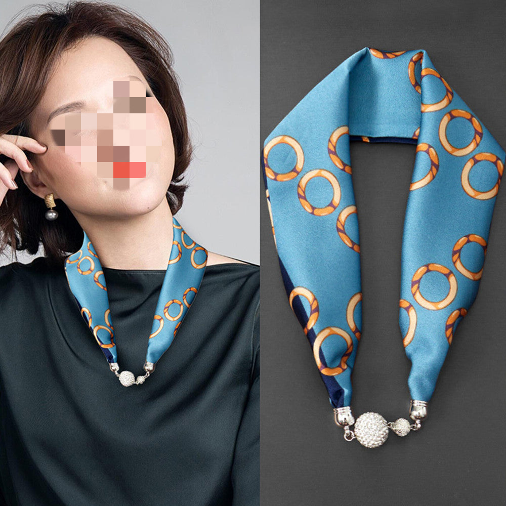 Magnetic Buckle Silk Scarf with Pearl Detail Women's Rectangular Necklace Scarf