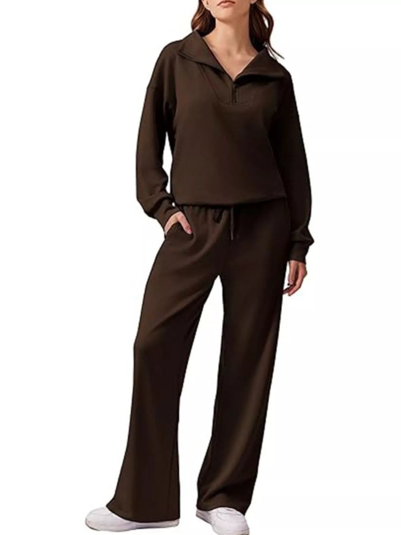 Sarah Express Women's Zip Collar Dropped Shoulder Top and Pants Set Dark Brown