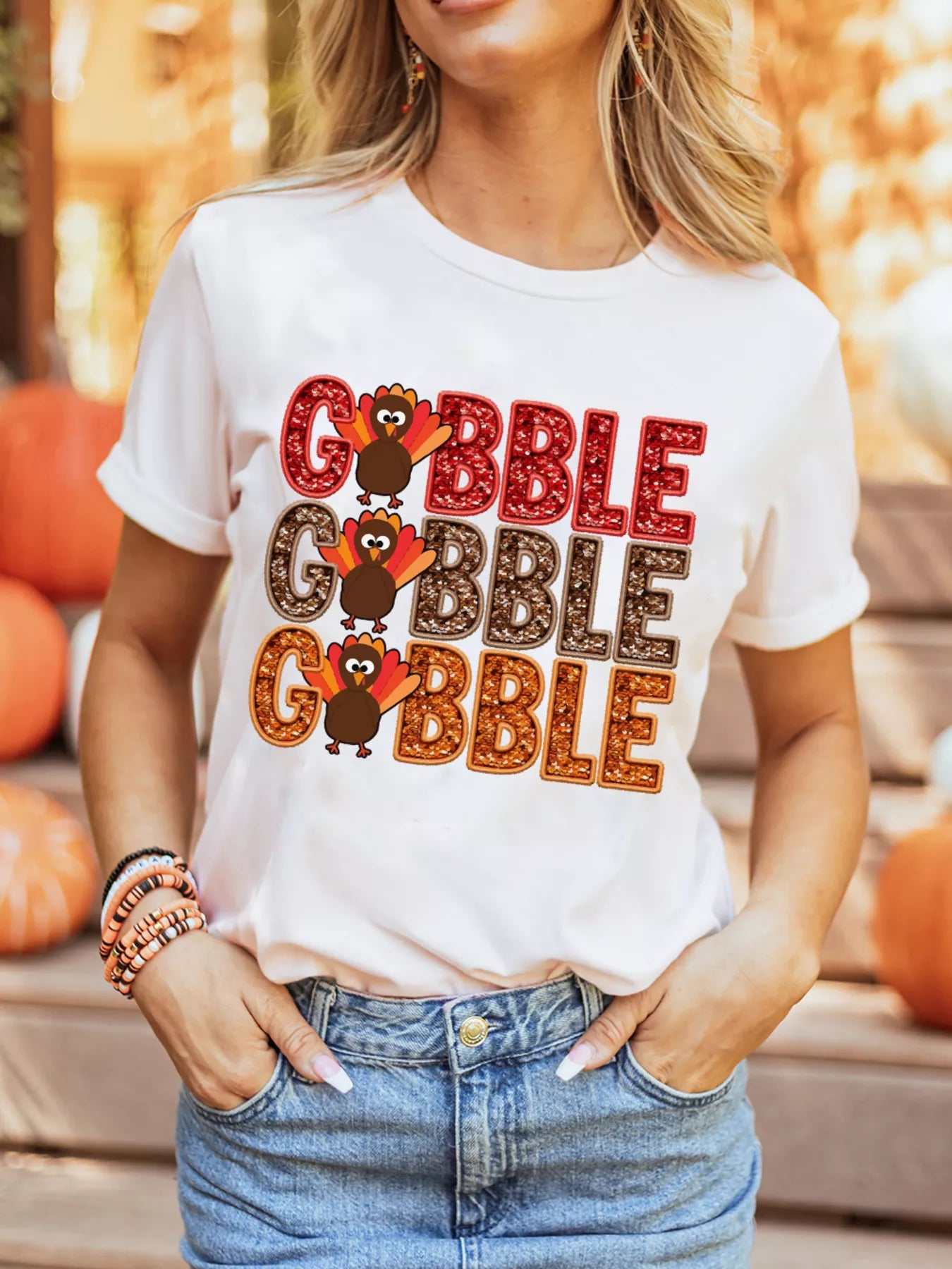 Sarah Express Women's GOBBLE Thanksgiving Turkey Print T-Shirt