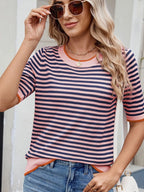 Sarah Express Women's Striped Casual T-Shirt with Contrast Trim