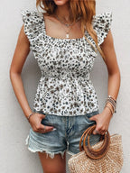 Sarah Express Women's Smocked Square Neck Ruffled Cap Sleeve Blouse