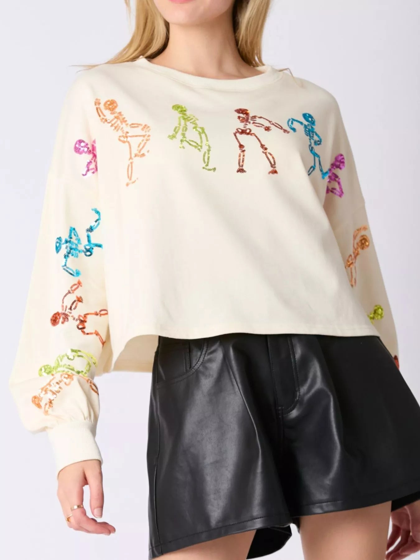 Sarah Express Women's Halloween Colorful Sequin Skeleton Sweatshirt Ivory White