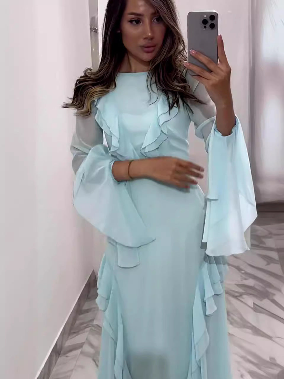 Women's Ruffled Maxi Dress Round Neck Long Sleeve Wedding Party