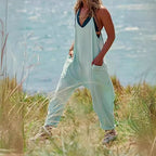 Sarah Express Women's Knitted Spaghetti Strap Jumpsuit - Loose Fit Wide Leg Overalls with Pockets