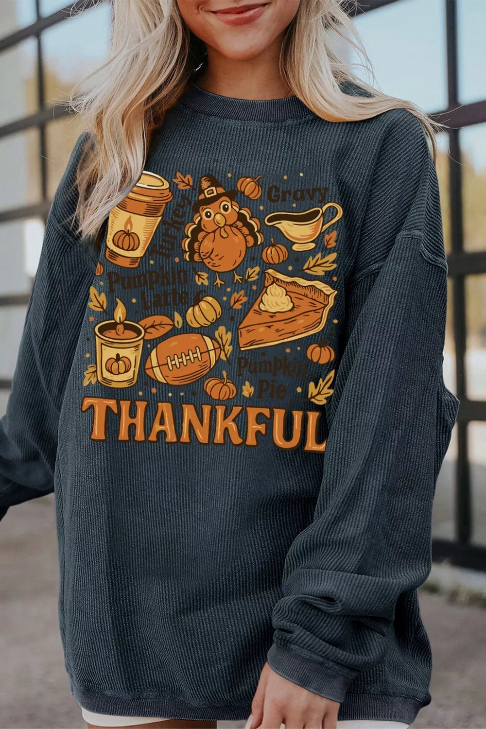 Sarah Express Women's Thankful Thanksgiving Graphic Long Sleeve Sweatshirt