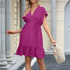 Women's V-Neck Short Sleeve Drawstring Ruffle Babydoll Dress