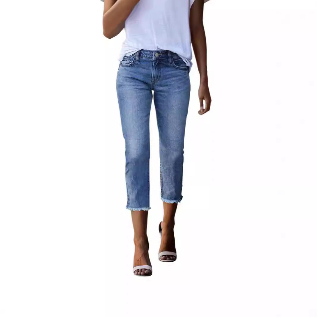 Women's High-Waist Stretch Denim Jeans - Slim Fit Cropped Pants
