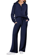 Women's Long Sleeve Zipper Sweatshirt and Wide-Leg Pants Athleisure Set