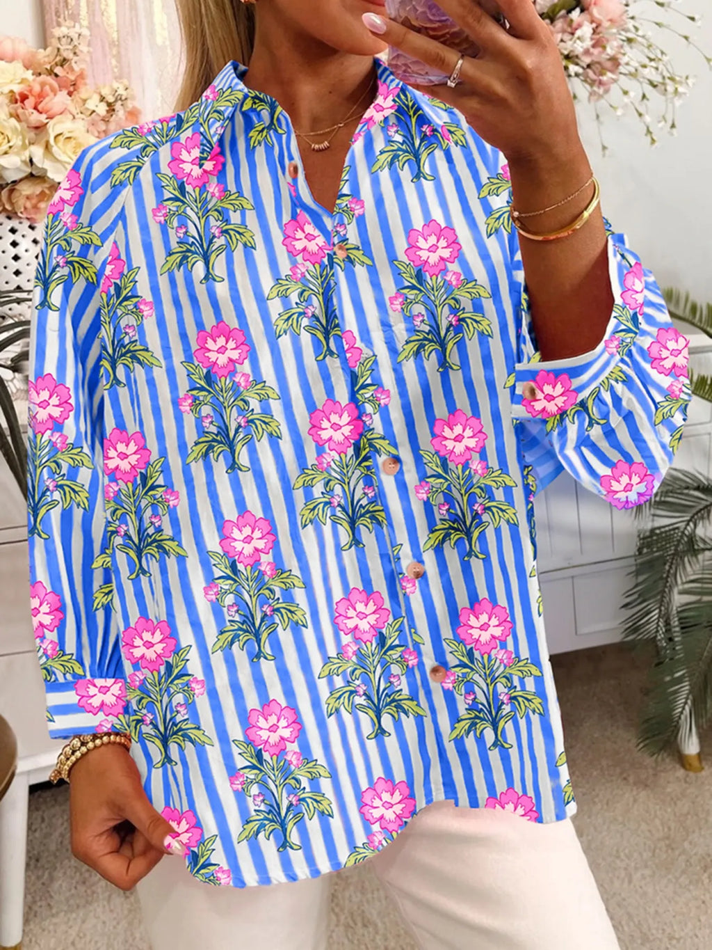 Sarah Express Women's Floral Striped Button-Down Shirt