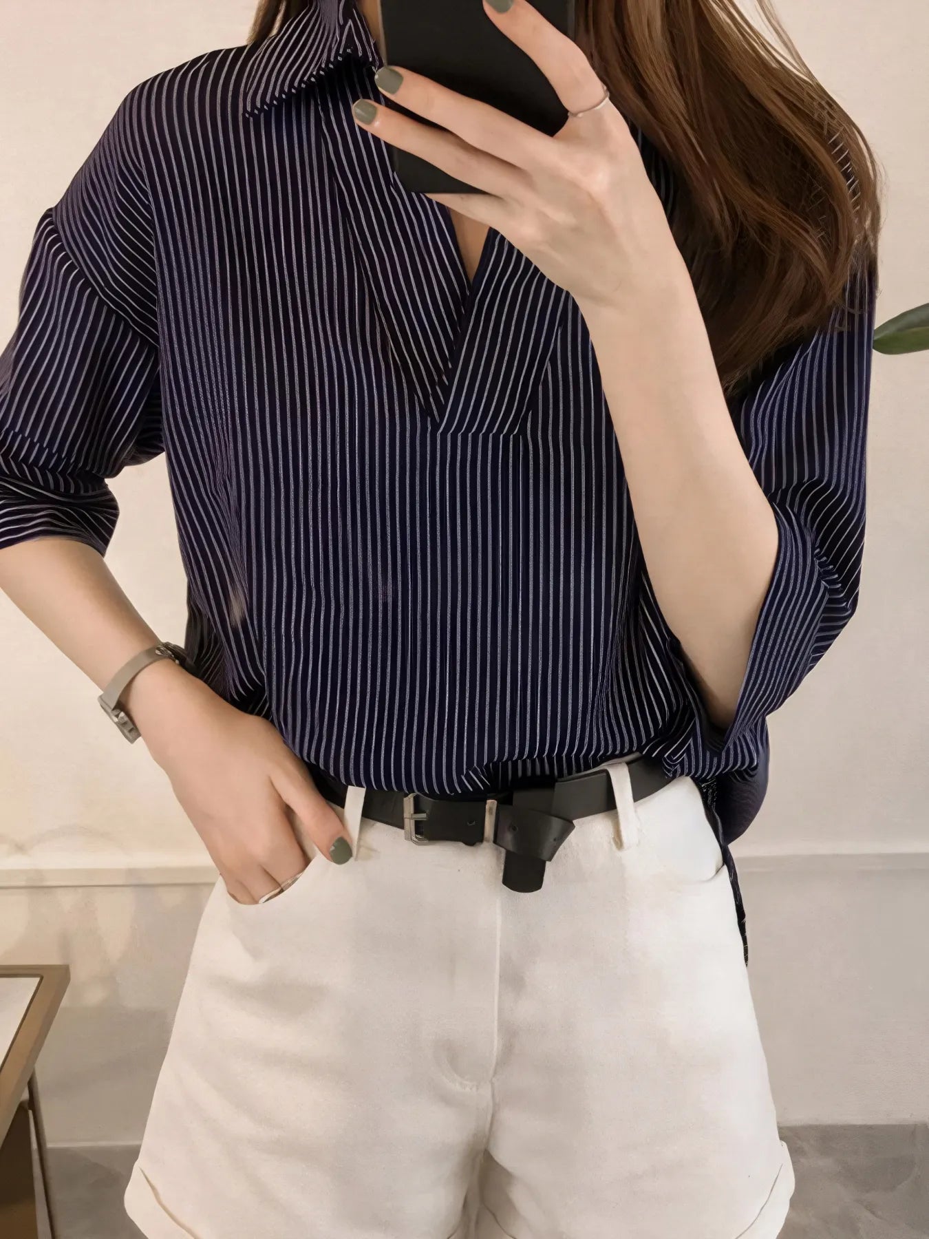 Sarah Express Women's Striped Collared Neck Shirt - Three Quarter Sleeve Button Down Blouse Dark Navy