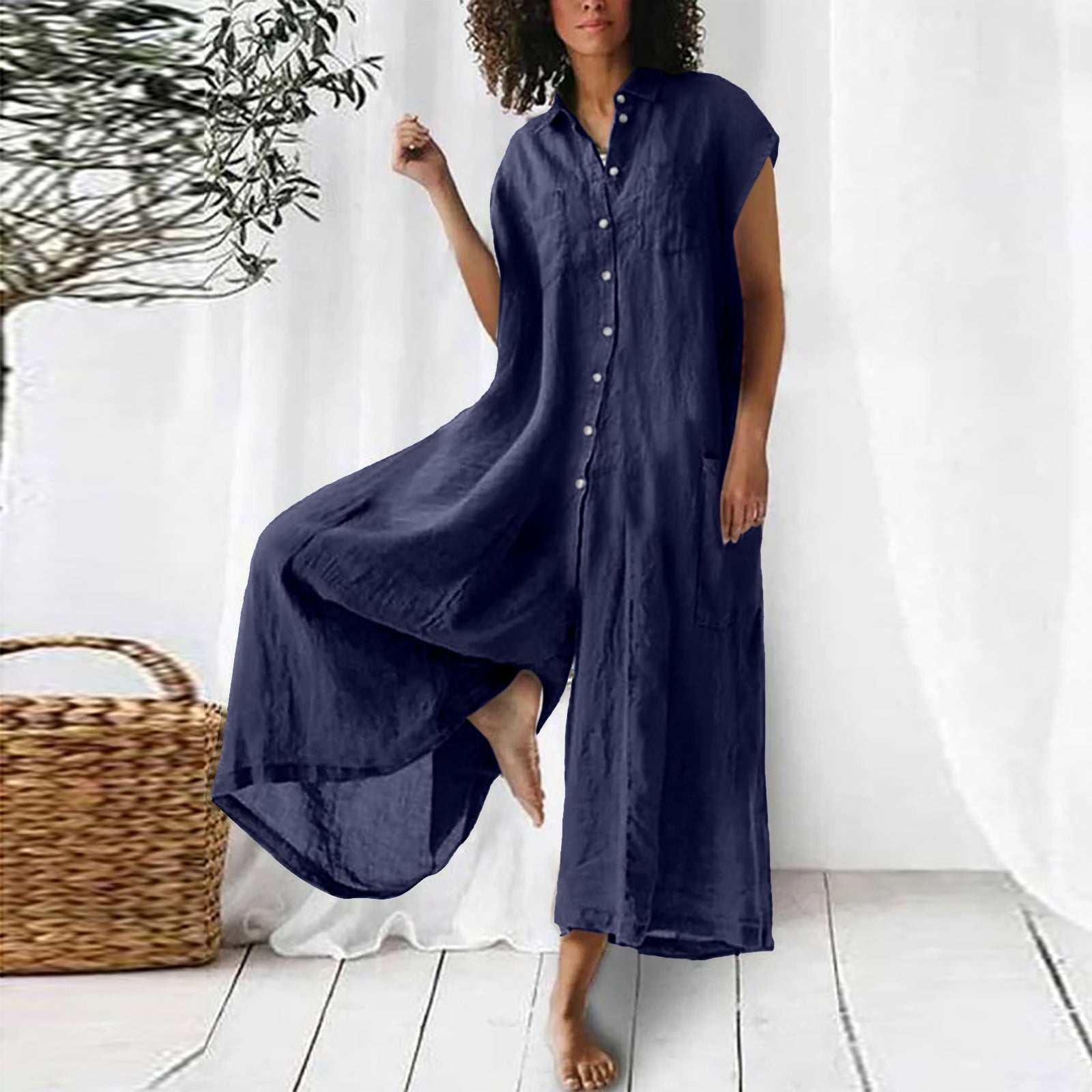 Short Sleeve Mid-Length Linen Jumpsuit Casual