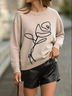 Sarah Express Women's Flower Round Neck Dropped Shoulder Sweater