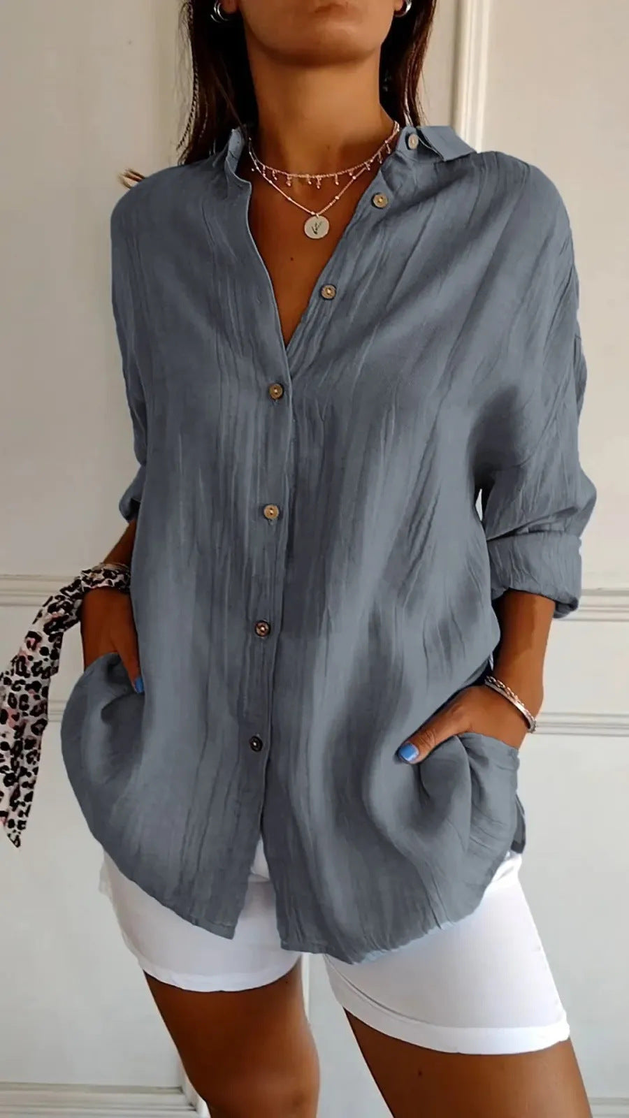 Women's Lapel Long Sleeve Pleated Button Front Shirt Blouse