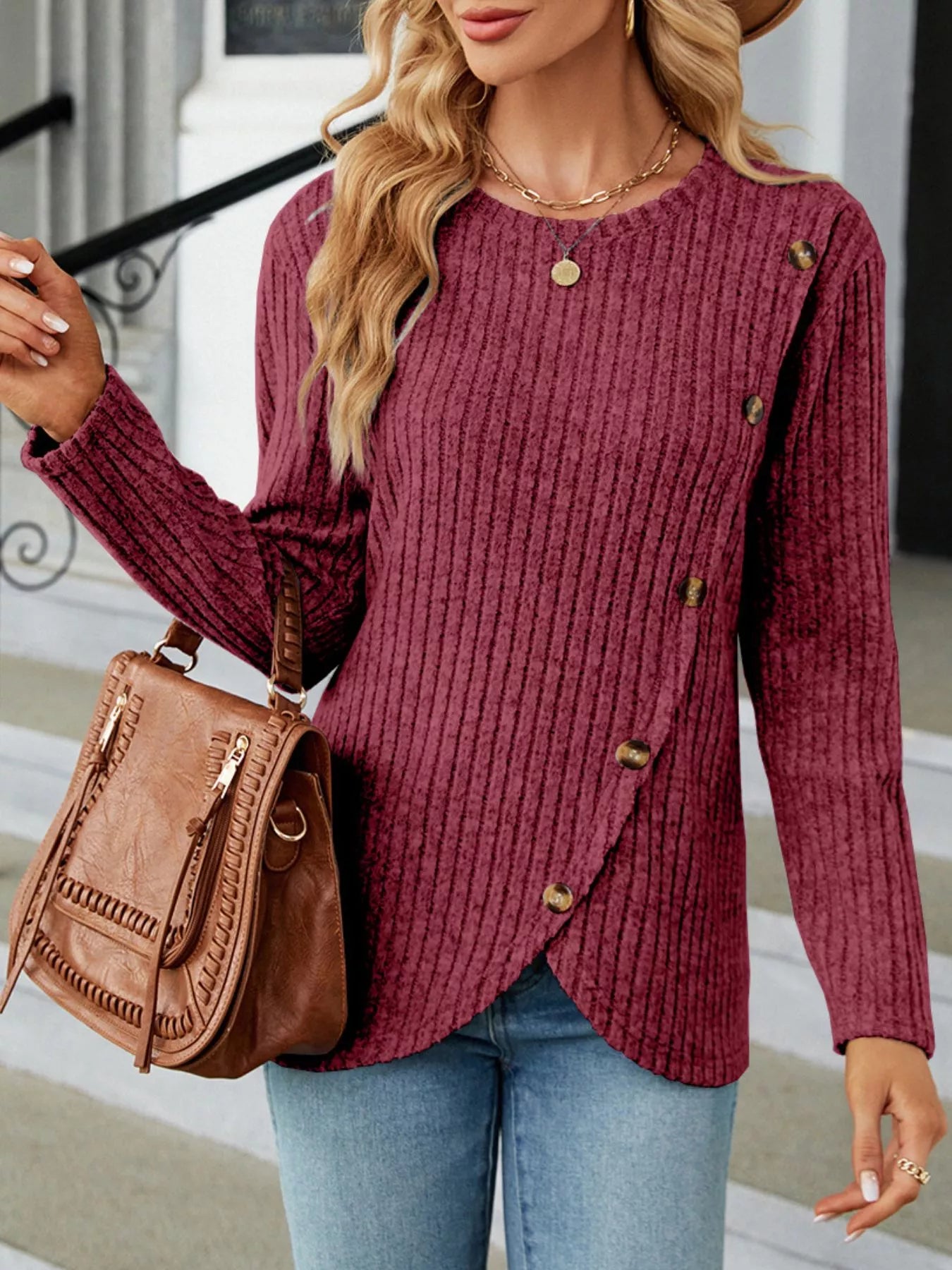 Sarah Express Women's Ribbed Knit Decor Button T-Shirt Deep Purple