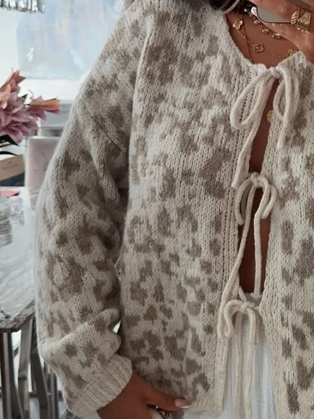 Sarah Express Women's Leopard Tie Front Cardigan