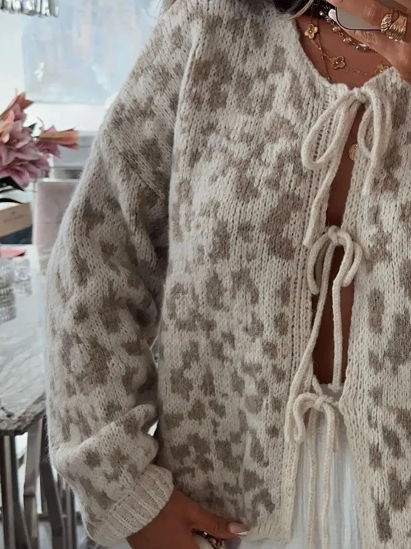 Sarah Express Women's Leopard Tie Front Cardigan