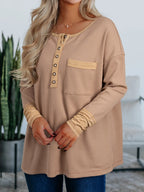 Sarah Express Women's Waffle Textured Tunic Henley Top with Slits