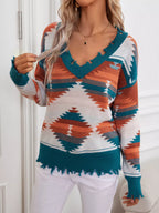 Sarah Express Women's Geometric Frayed Hem V-Neck Long Sleeve Sweater