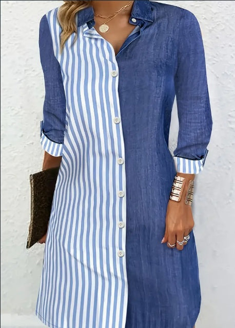 Striped Color Block Shirt Dress Long Sleeve