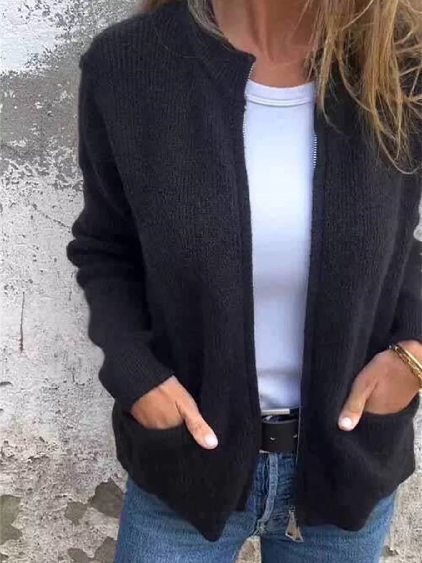 Sarah Express Women's Zip Up Ribbed Knit Cardigan with Front Pockets Plus Size