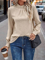 Sarah Express Women's Texture Mock Neck Long Sleeve Blouse Apricot