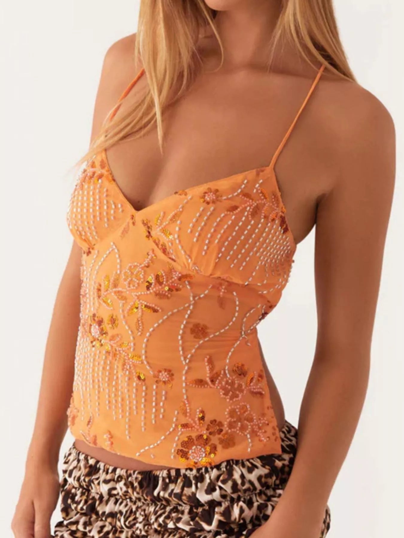 Sarah Express Women's Embroidered Sequin Tie Back Cami Orange
