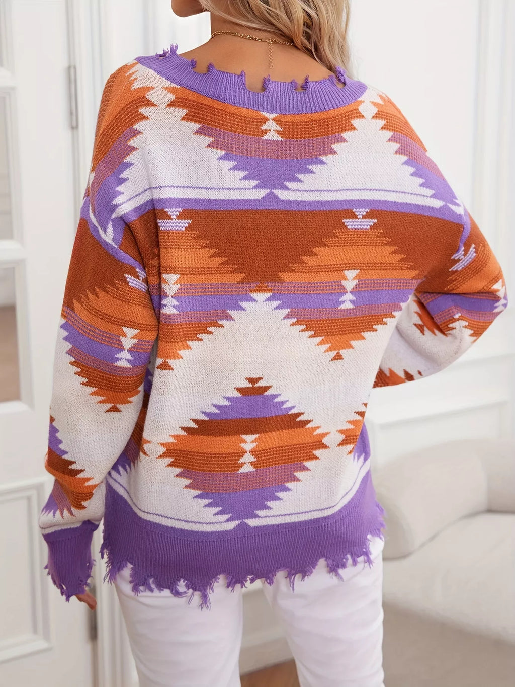 Sarah Express Women's Geometric Frayed Hem V-Neck Long Sleeve Sweater