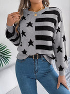 Sarah Express Women's Stars and Stripes Pattern Casual Round Neck Sweater Grey