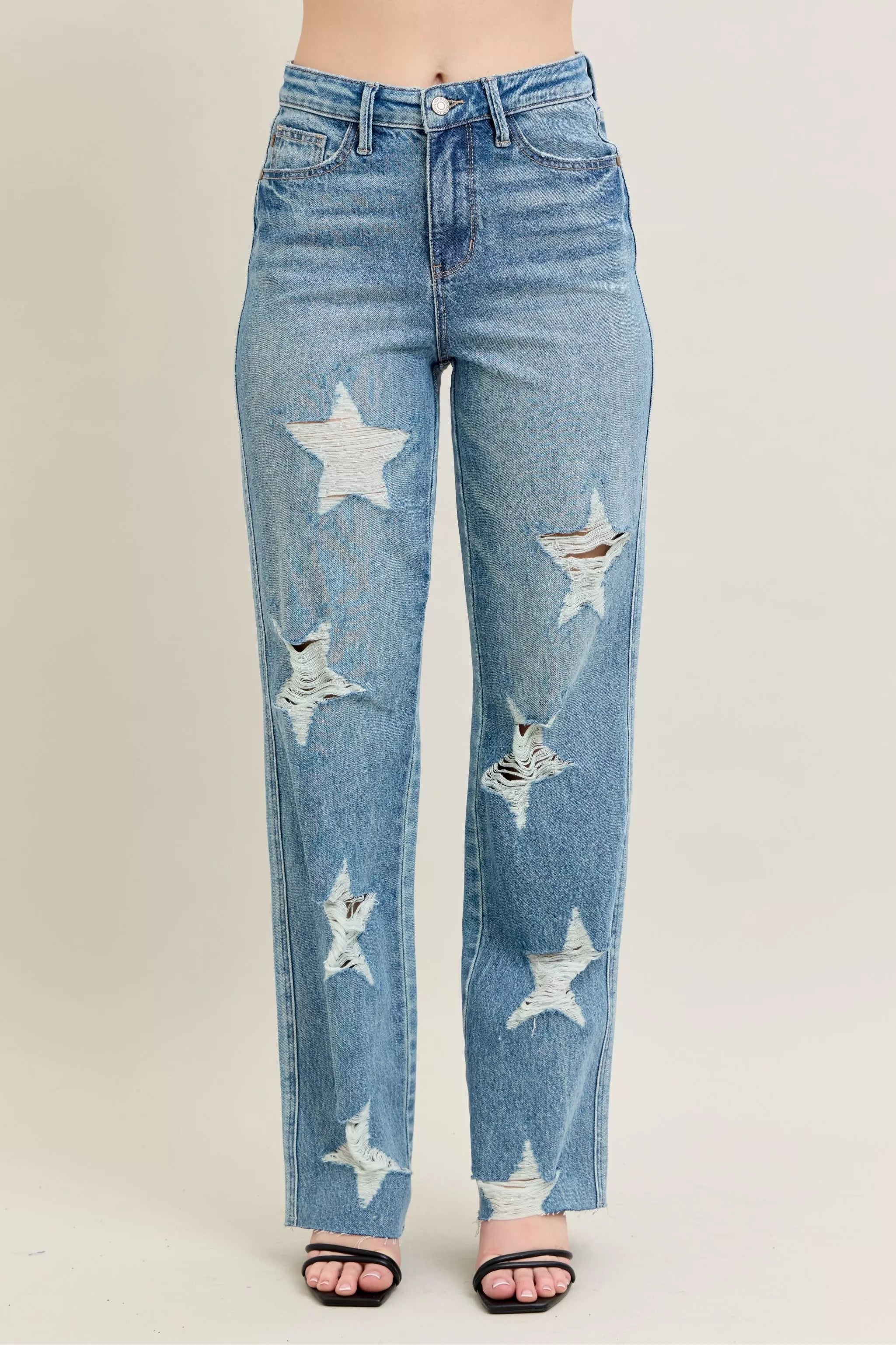 Sarah Express Women’s Plus Size High Rise 90's Straight Jeans with Star Destroy
