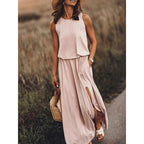 Women's Sleeveless Round Neck Dress with Side Split Solid Color