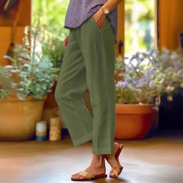 Women's Cotton Straight Leg Pants - Casual Mid-Waist Loose Fit Trousers