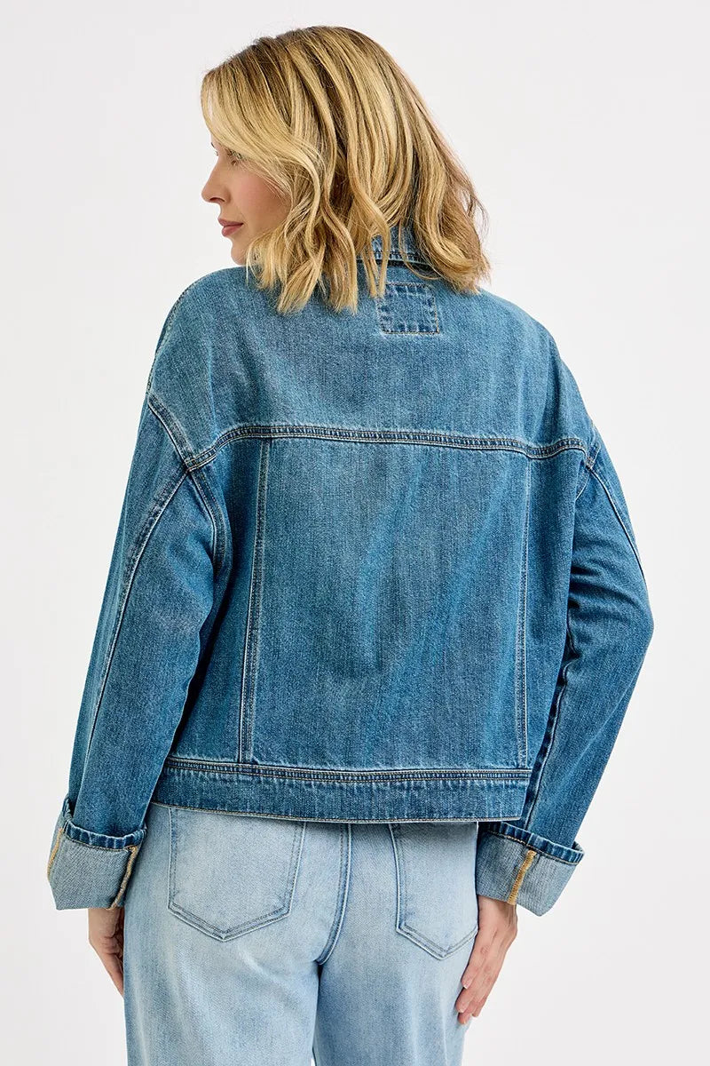 Sarah Express Women’s Oversized Denim Jacket with Cargo Pockets Casual