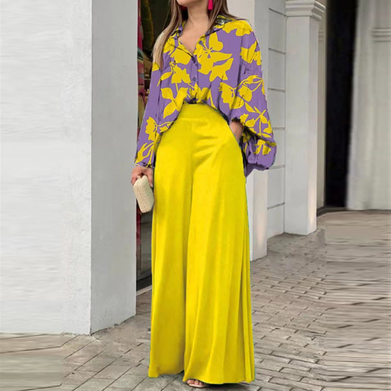 Women's Printed Shirt Wide Leg Pants Set Long Sleeve