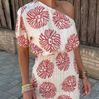 One Shoulder Printed Dress Red Asymmetric A-Line Party Dress