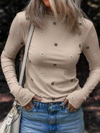 Sarah Express Women's Floral Embroidered Ribbed Long Sleeve Top