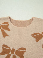 Sarah Express Women's Ribbon Bow Checkered Striped Sleeve Drop Shoulder Sweater