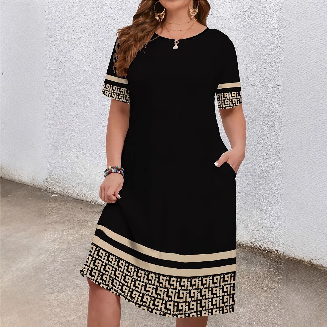 Women's Contrast Color Midi Dress Round Neck Short Sleeve Casual