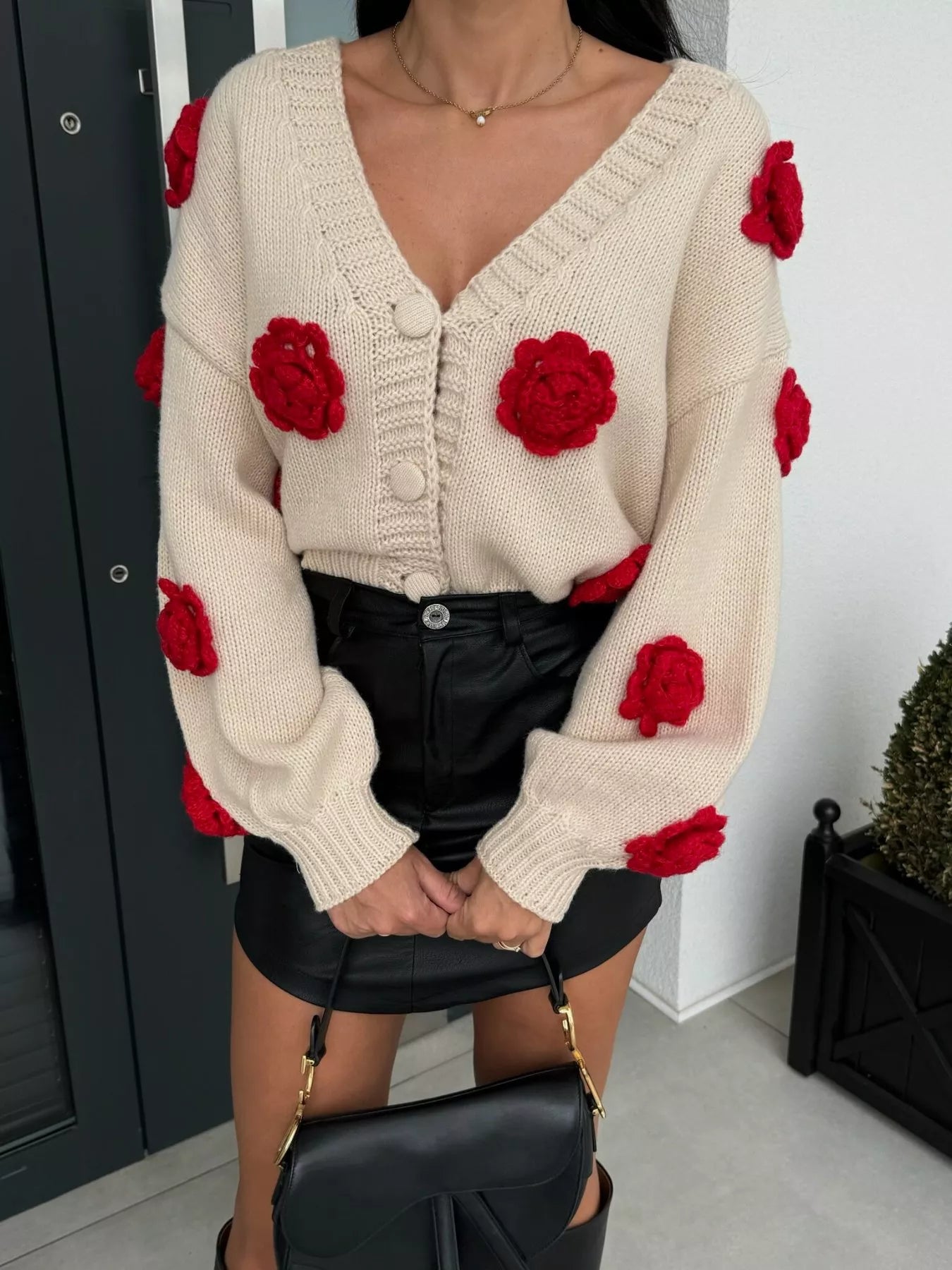 Sarah Express Women's Rose Embellished V-Neck Cardigan - Button Front Sweater
