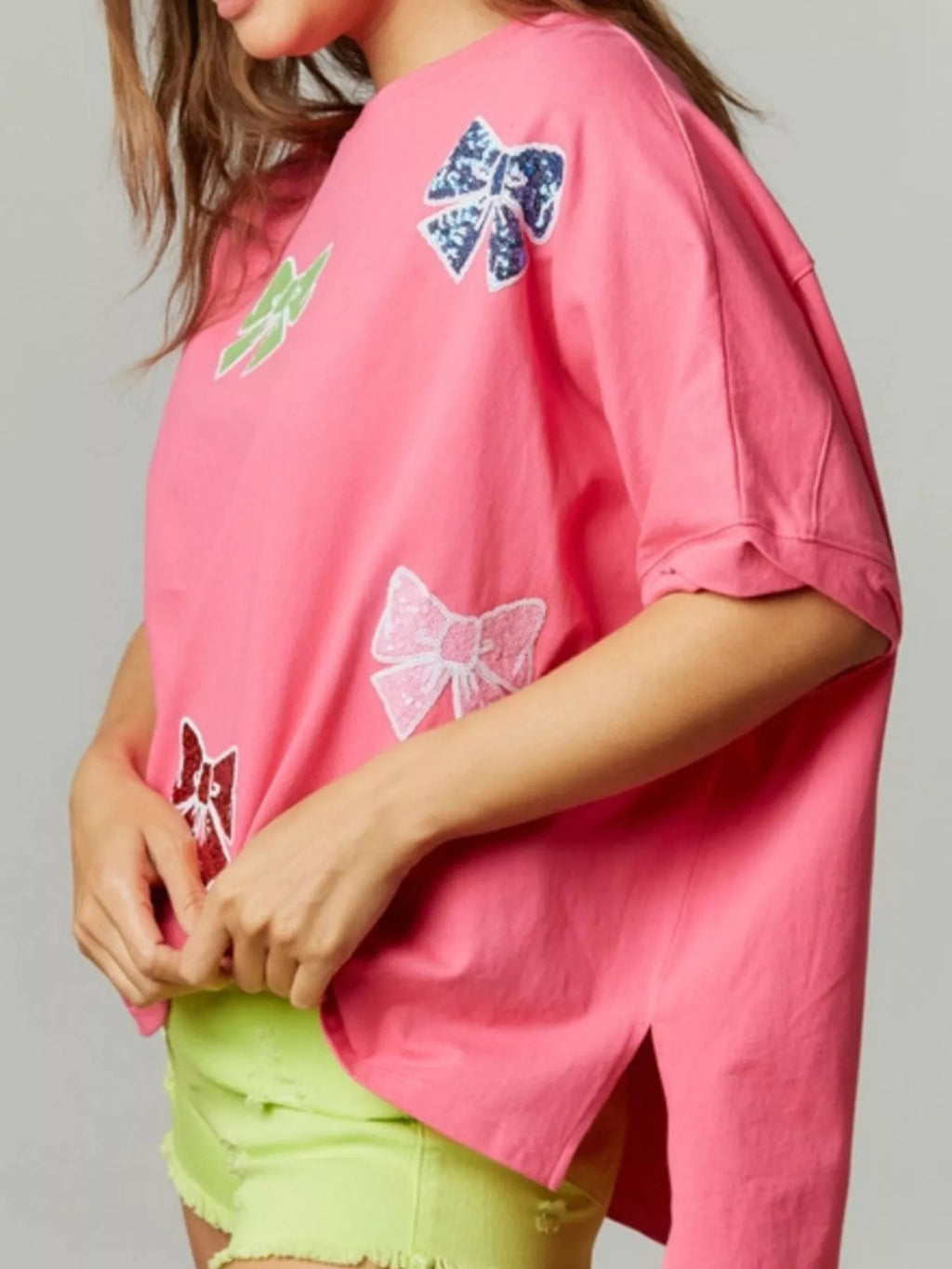 Sarah Express Women's Sequin Bow Round Neck T-Shirt - Oversized Casual Top