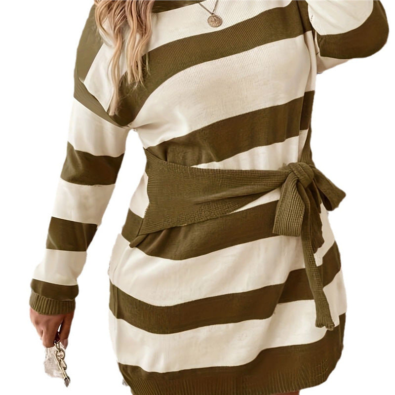 Women's Plus Size Striped Knit Dress - Long Sleeve Midi Length