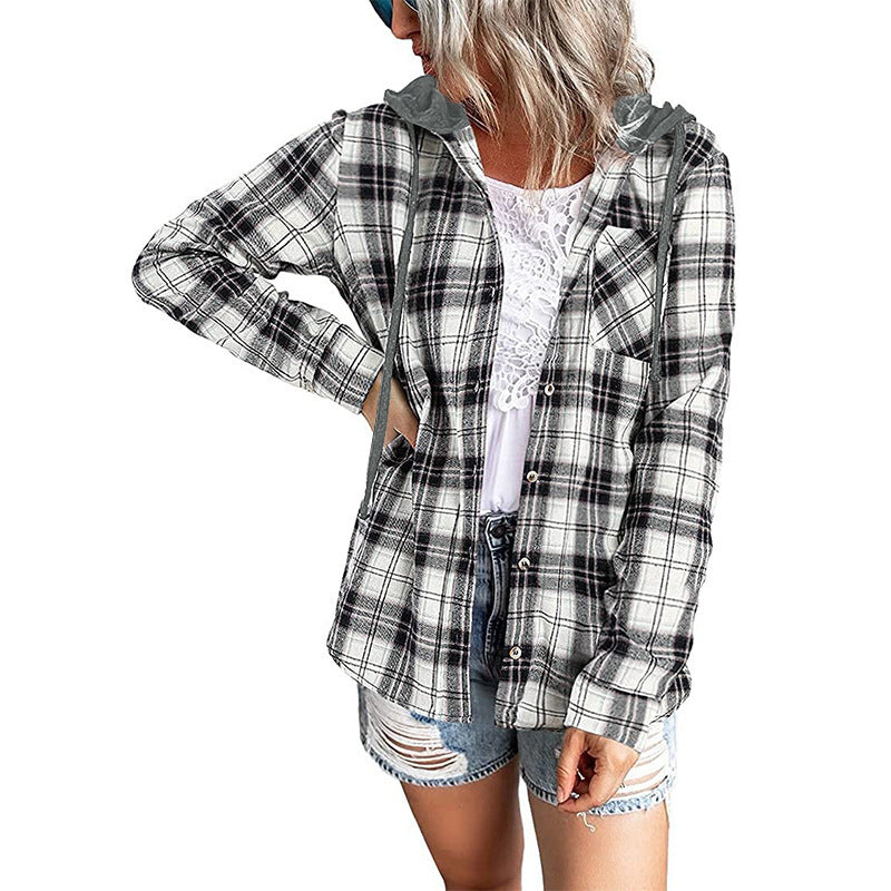 Women's Plaid Hooded Shirt Jacket Casual Loose Fit Pullover Top