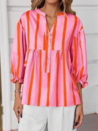 Sarah Express Women's Striped Button Front Notched Blouse