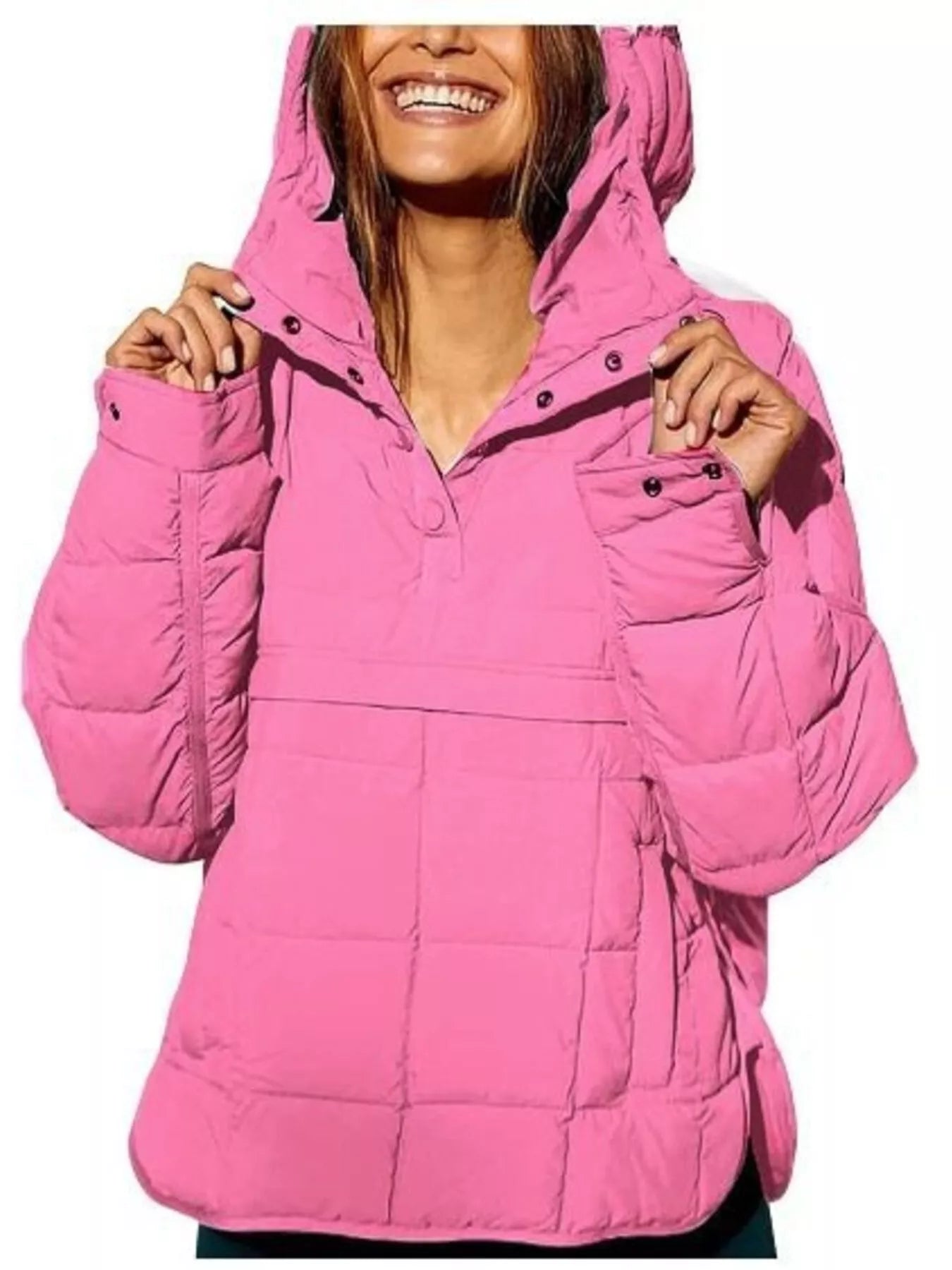 Sarah Express Women's Quarter Snap Hooded Puffer Jacket 亮粉